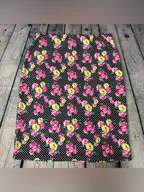 Betsey Johnson Black Stretchy Pencil Skirt w/ Pink Yellow Floral Print Sz Large